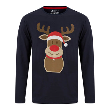 Mr Crimbo Mens Christmas Pyjama Set Rudolph Print/Check Bottoms - MrCrimbo.co.uk -SRG1Q17453_A - Navy/Red -L