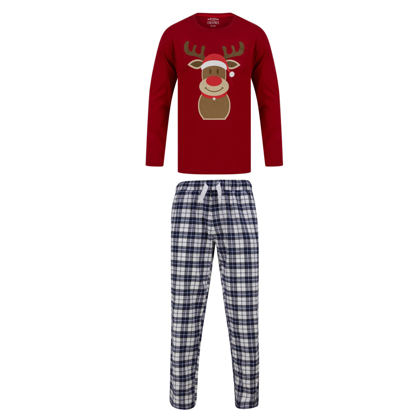 Mr Crimbo Mens Christmas Pyjama Set Rudolph Print/Check Bottoms - MrCrimbo.co.uk -SRG1Q17453_F - Red/Navy -L
