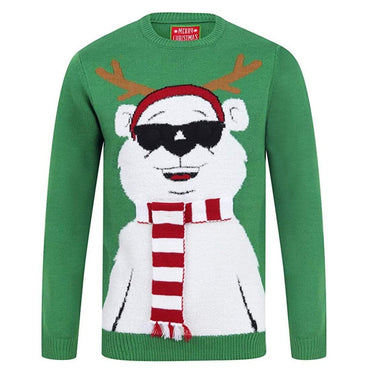 Mr Crimbo Mens LED Light Up Polar Knit Christmas Jumper - MrCrimbo.co.uk -SRG1A13947R_A - Green -flashing light jumper