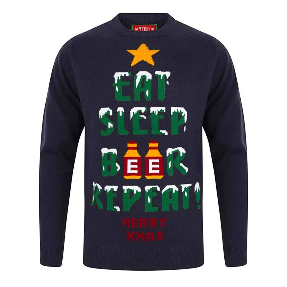 Mr Crimbo Mens Eat Sleep Beer Repeat Christmas Jumper - MrCrimbo.co.uk -SRG1A13463_A - Blue -booze jumper