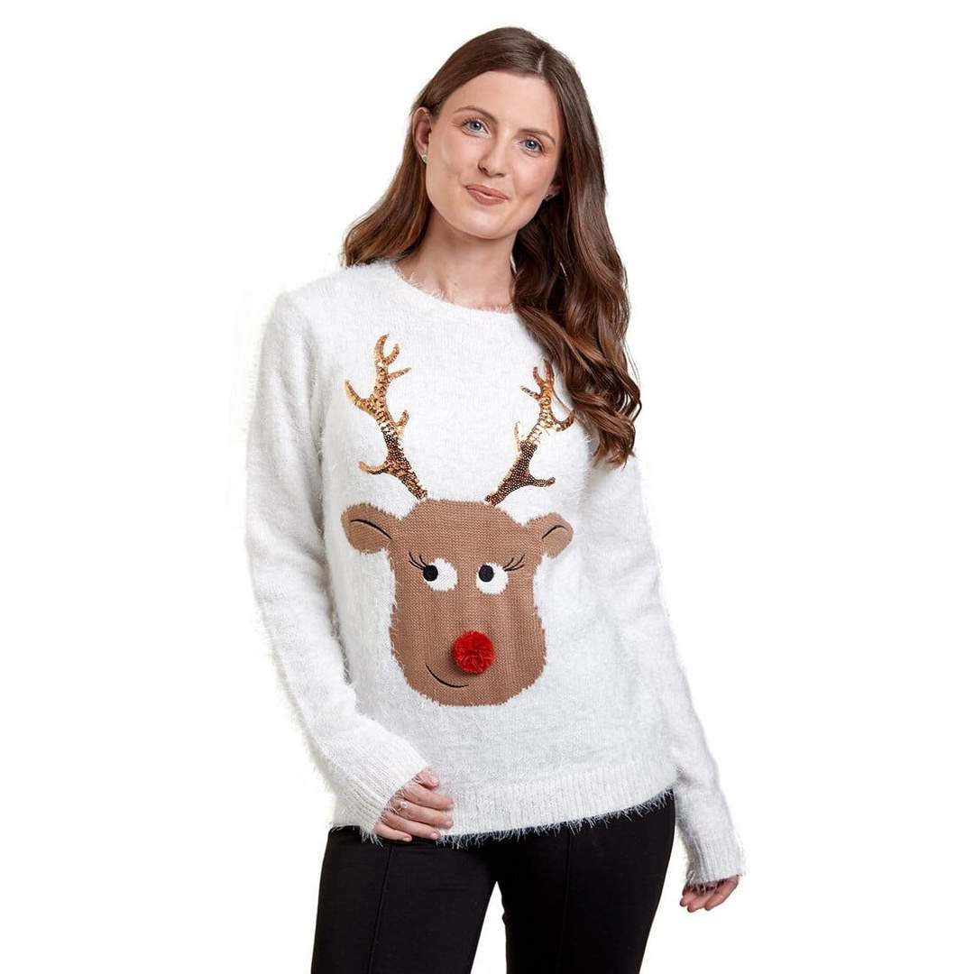 Mr Crimbo Ladies White Fluffy Cute Reindeer Christmas Jumper