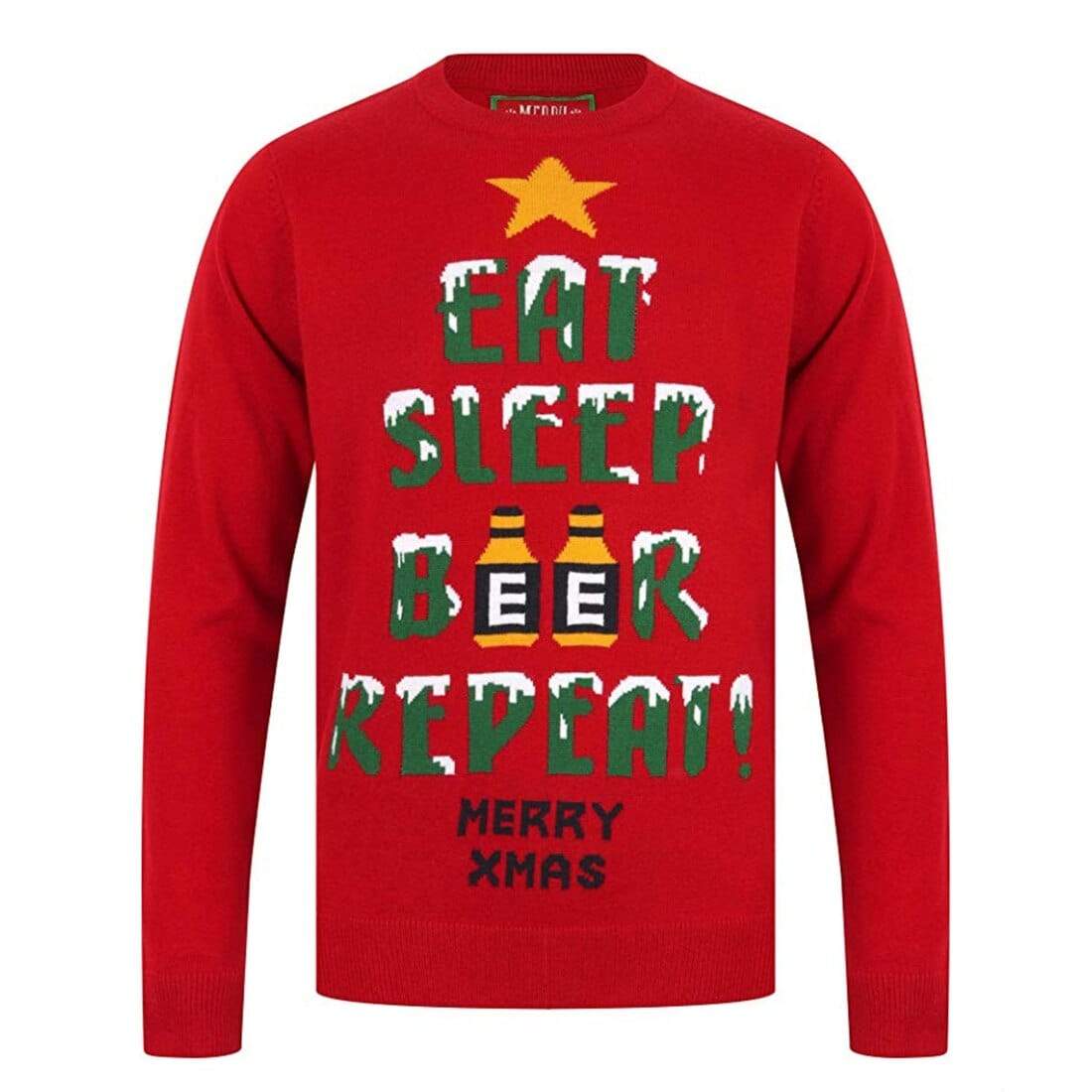 Mr Crimbo Mens Eat Sleep Beer Repeat Christmas Jumper - MrCrimbo.co.uk -SRG1A13463_F - Red -booze jumper