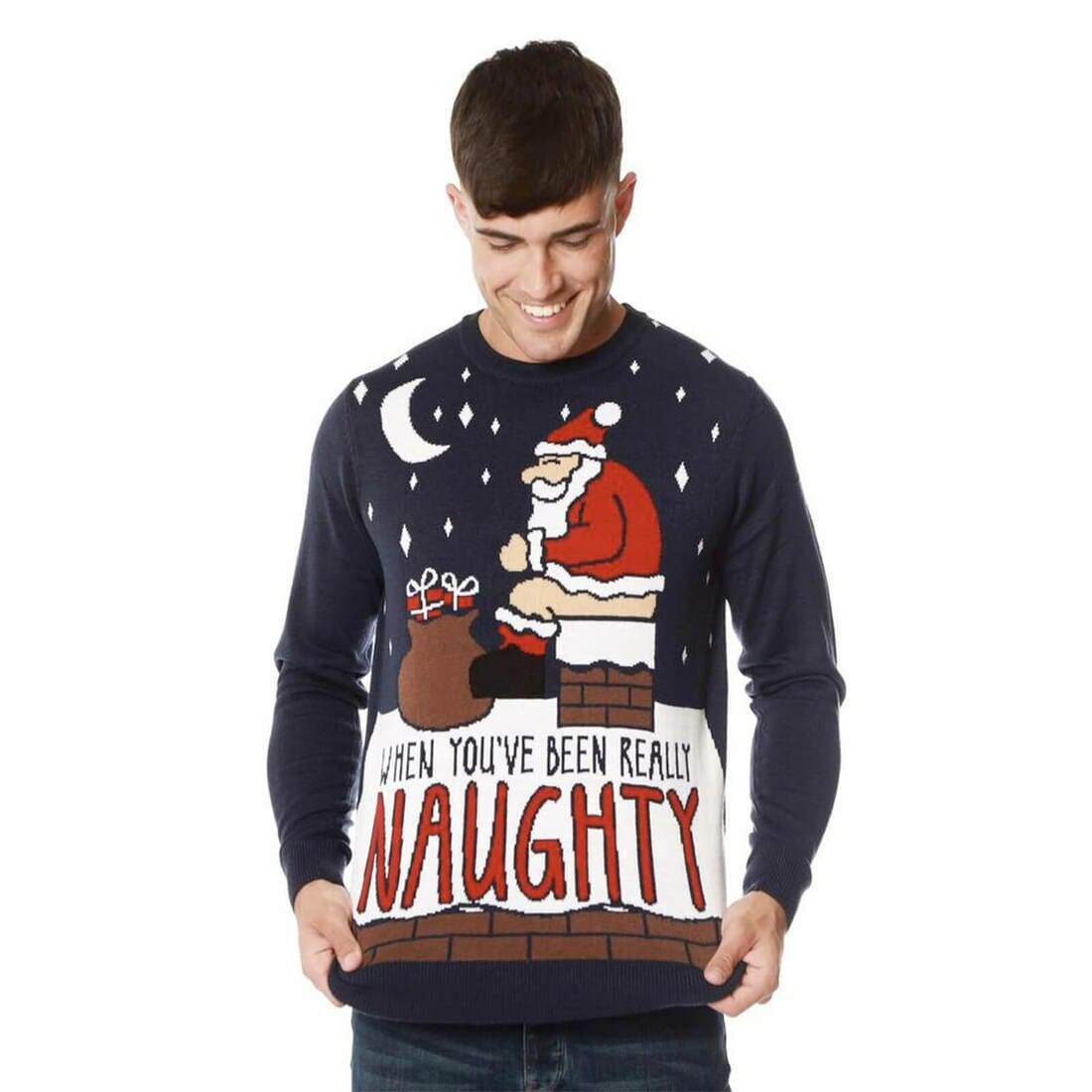 Mr Crimbo Mens Funny Naughty Santa Christmas Jumper Knit - MrCrimbo.co.uk -SRG1A13468_F - Blue -funny santa