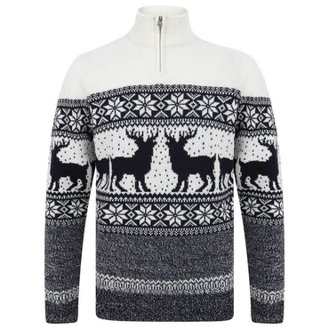 Mr Crimbo Mens Nordic Fairisle Christmas Knit Jumper Reindeer - MrCrimbo.co.uk -SRG1A14231_F - Ecru -christmas knit jumper