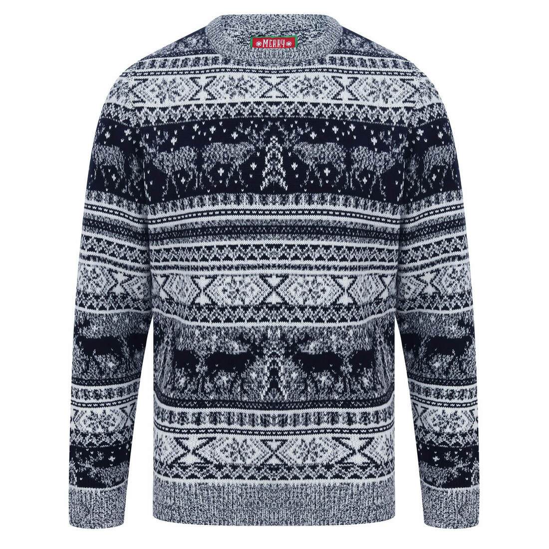 Mr Crimbo Mens Reindeer Fairisle Christmas Jumper Nordic Marl