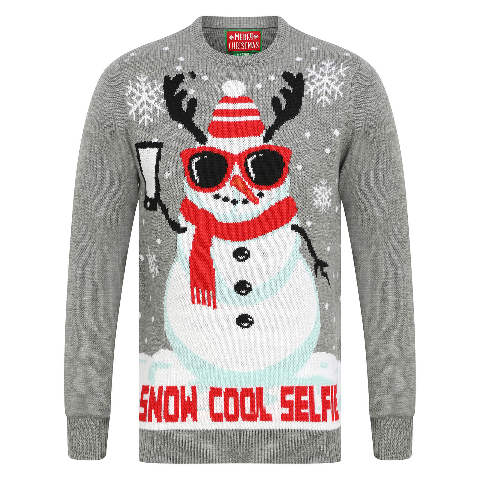 Mr Crimbo Mens Snowman Christmas Jumper Snow Cool Selfie - MrCrimbo.co.uk -SRG1A15799_A - Grey -Blue