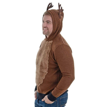 Mr Crimbo Mens Hooded Antler Reindeer Christmas Jumper - MrCrimbo.co.uk -VISMW05776BWN_A - S -christmas hoodie