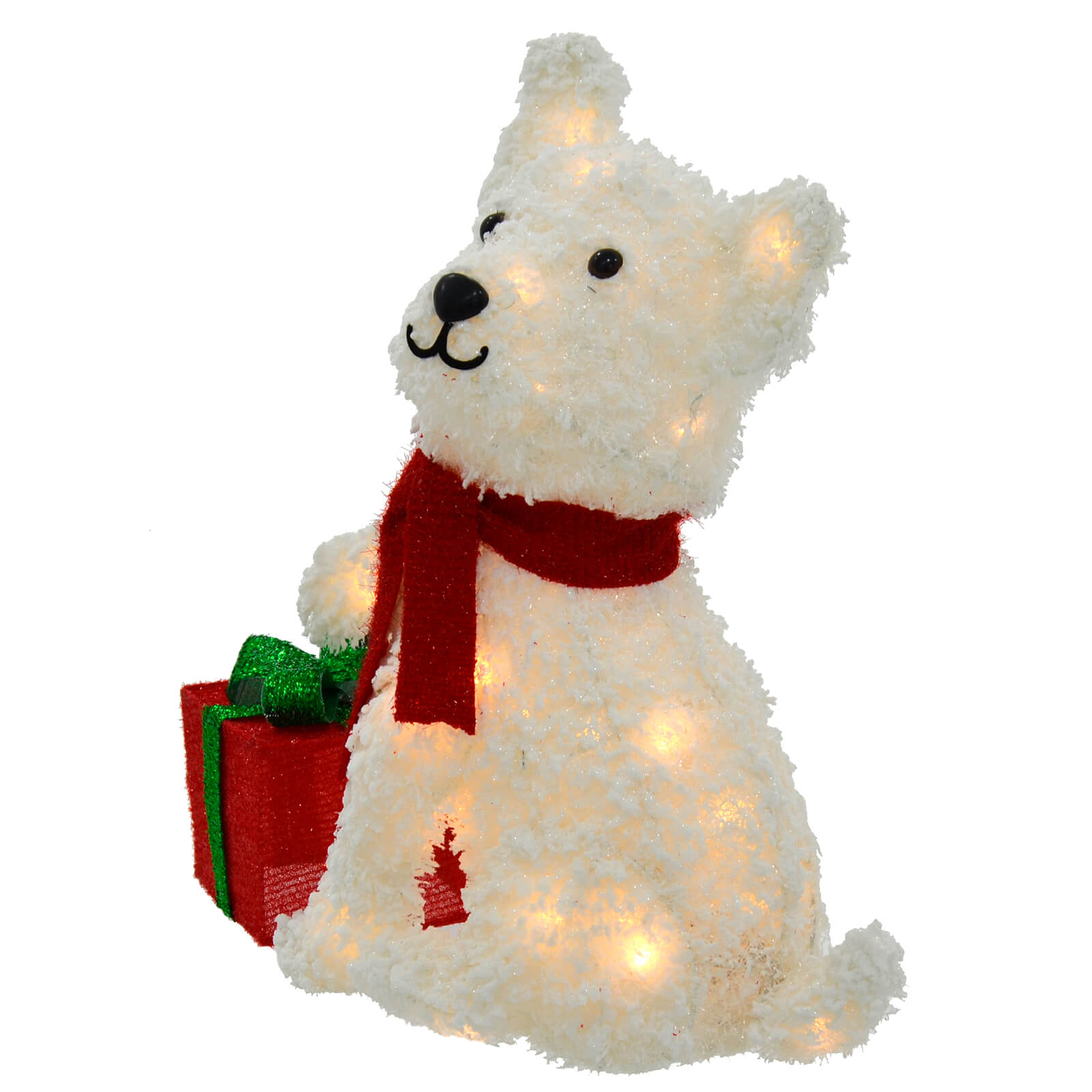 Mr Crimbo White LED Snow Dog With Gift Christmas Decoration 56cm - MrCrimbo.co.uk -XS7537 - -christmas figure