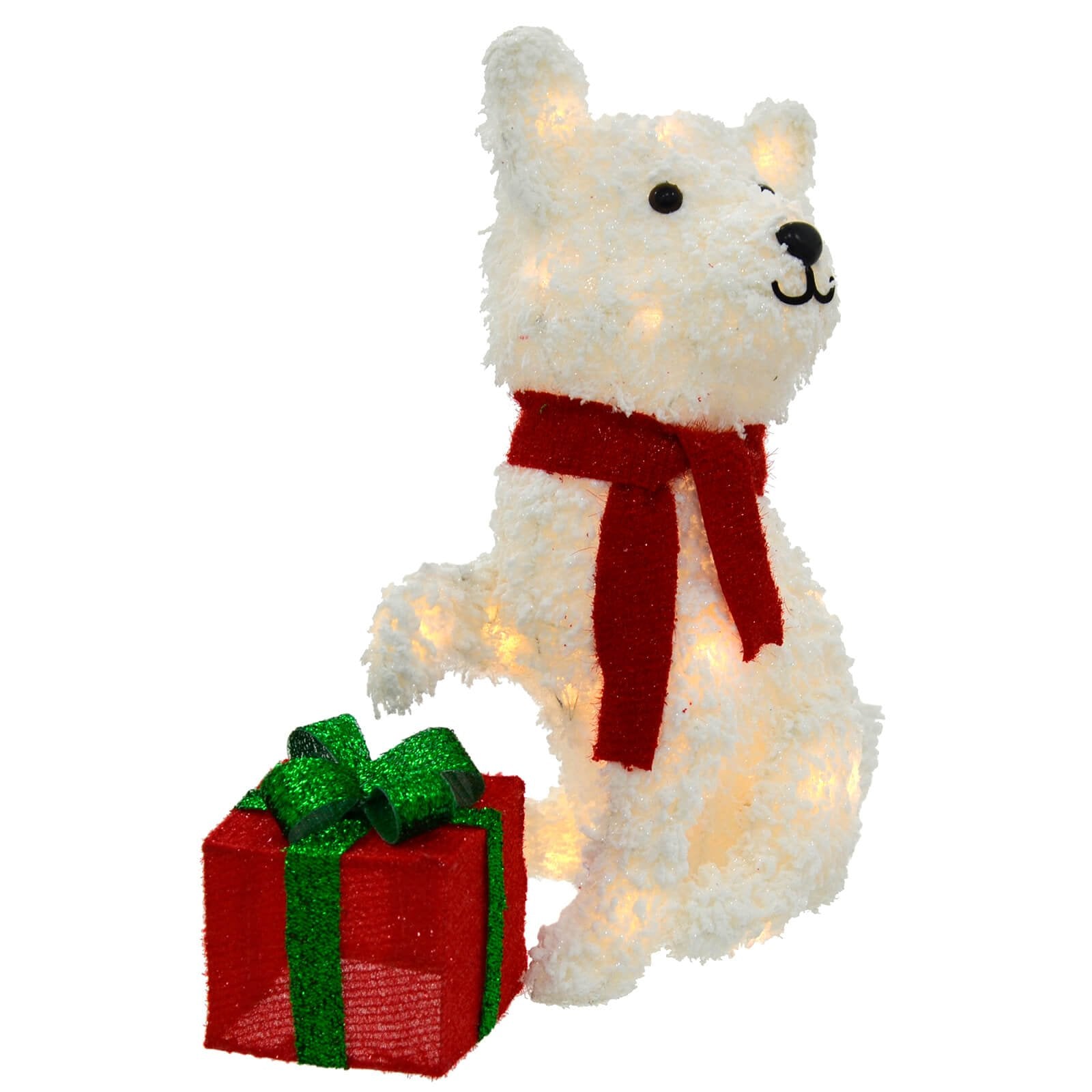 Mr Crimbo White LED Snow Dog With Gift Christmas Decoration 56cm - MrCrimbo.co.uk -XS7537 - -christmas figure