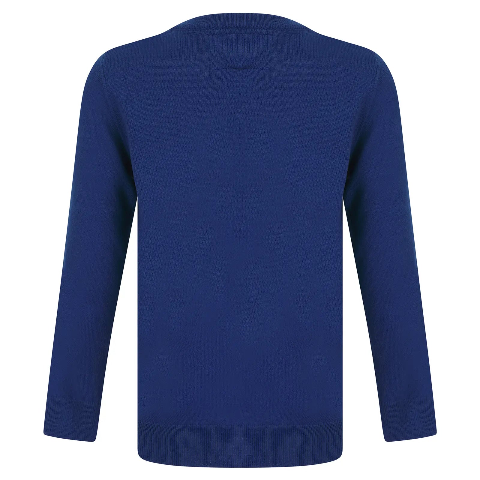 back view of acrylic knit jumper with solid blue style and ribbed arm cuffs and waist detail