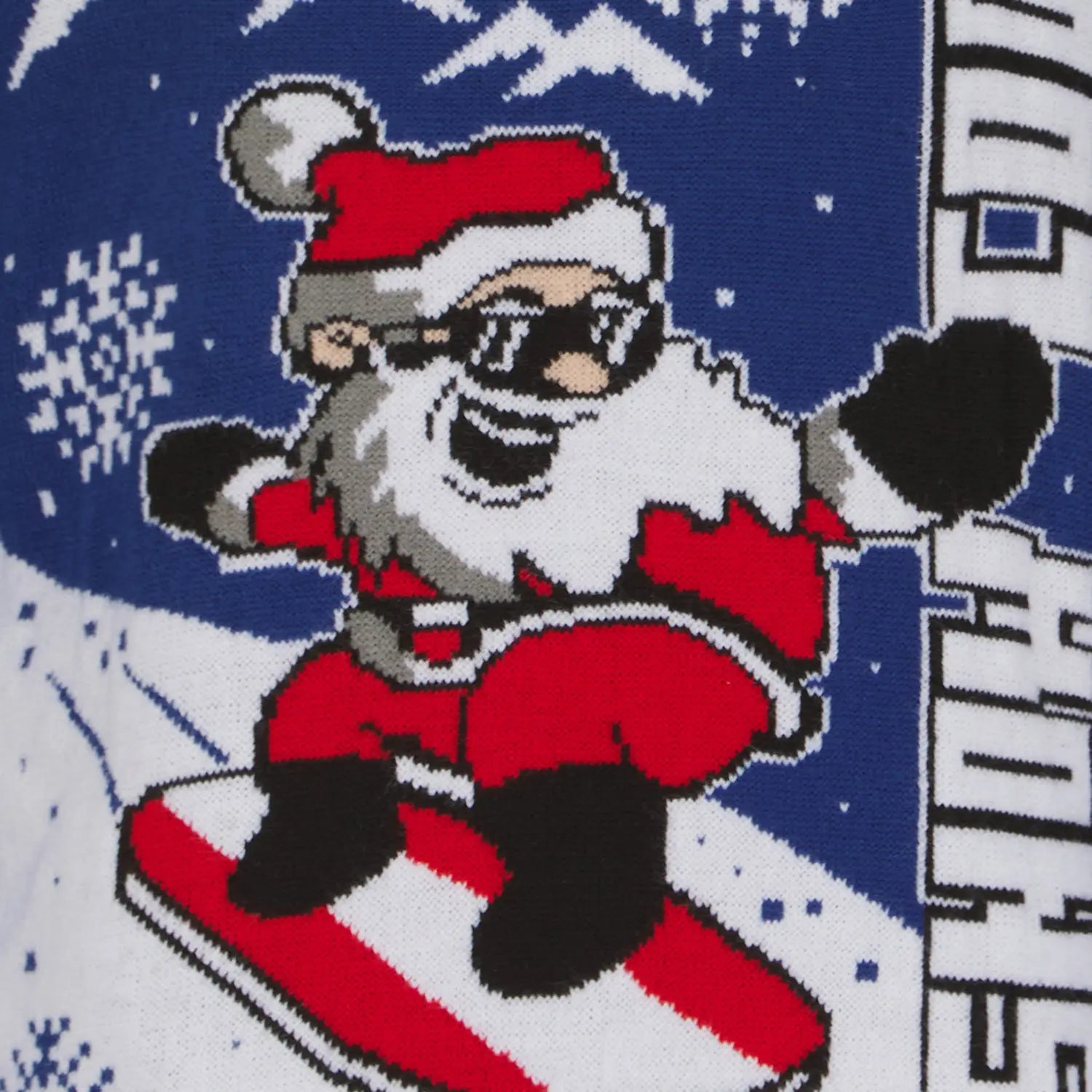 detail shot of vibrant red santa charcater on snowboard featuring red and white stripes