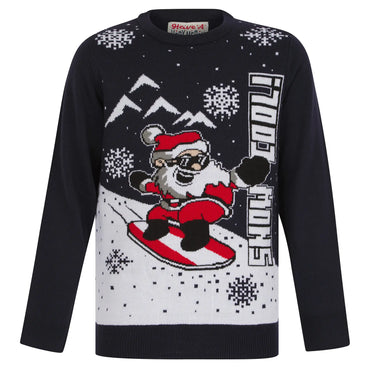 black knit snow cool jumper featuring santa on red and white striped snowboard design, with snowflakes and snow mountains in background