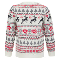 back view of christmas jumper featuring fair isle festive pattern with ribbed waist