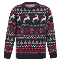black christmas jumper featuring festive fair isle pattern with dancing reindeers, snowflakes, christmas trees and zig zag patterns, with a crew neckline and ribbed arm cuffs