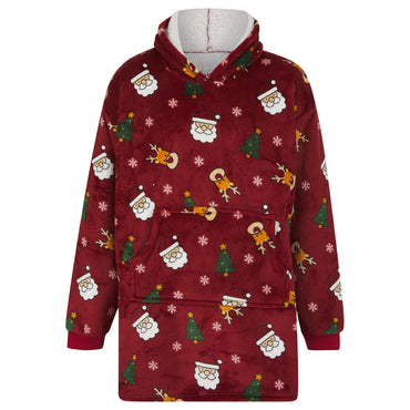 dark red oversized hoodie with santa reindeer and snowflake pattern with sherpa fleece lining