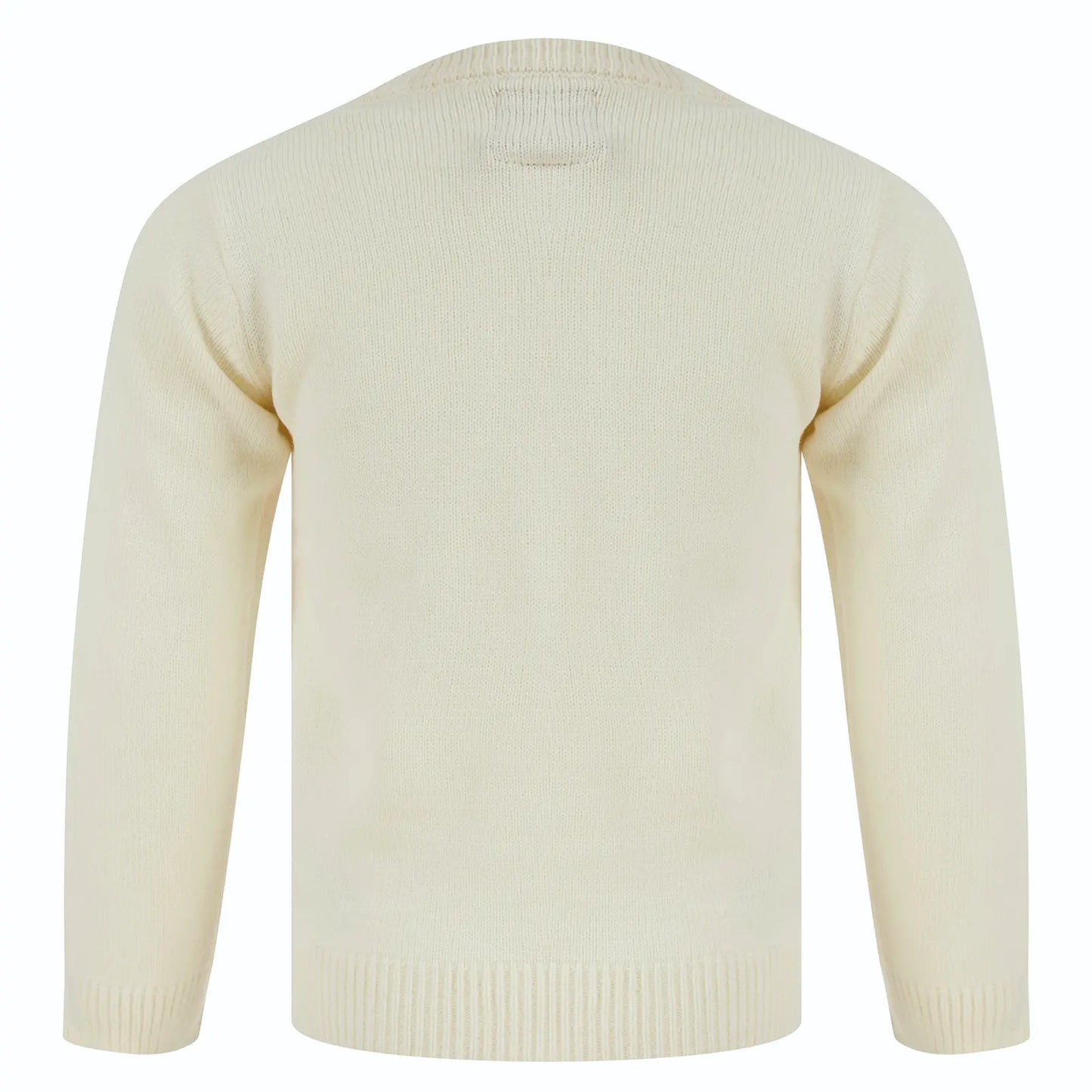 back view of cream knit christmas jumper with tapered cuffs and crew neck