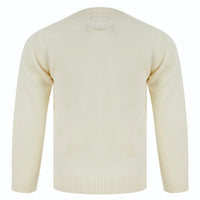 back view of cream knit christmas jumper with tapered cuffs and crew neck