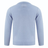 back view of pale blue acrylic knit jumper featuring tapred arm cuffs