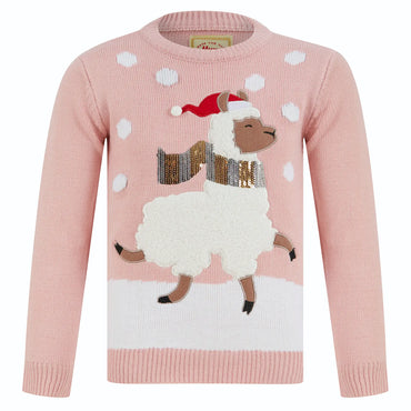 pink christmas jumper featuring llama character with fleece body, silver and gold sequin scarf and santa hat