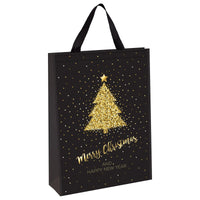 Black Merry Christmas gift bag featuring sparkle gold Christmas tree