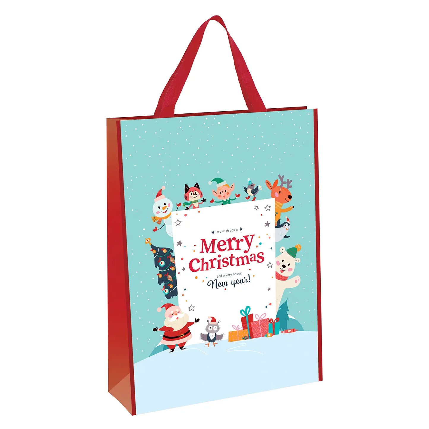 blue snow gift bag featuring red handles with merry christmas slogan surrounded by adorable festive friends