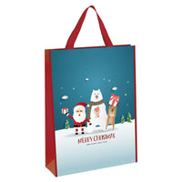Blue & red christmas gift bag featuring cute santa claus, polar bear and reindeer design