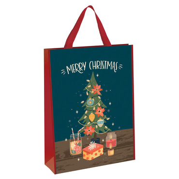 Merry Christmas gift bag featuring christmas tree with string lights, christmas gift, festive drink and candle design