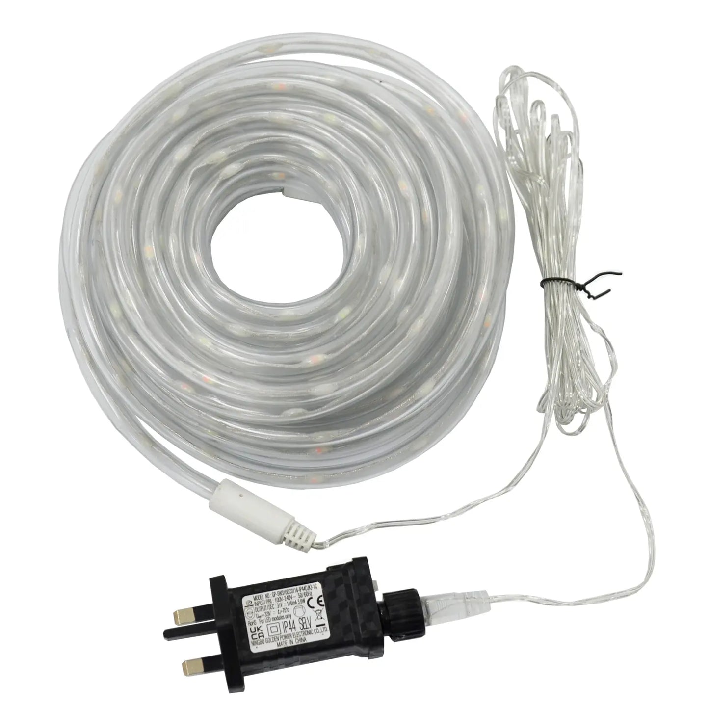 Coil of transparent LED rope light with plug in transformer