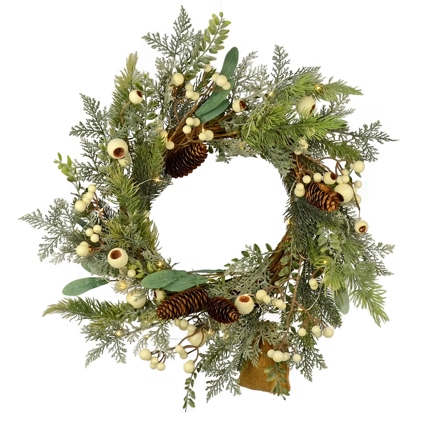 Mr Crimbo 55cm Light Up Christmas Wreath Snow Berries Leaves - MrCrimbo.co.uk -XS7608 - -55cm Christmas wreath