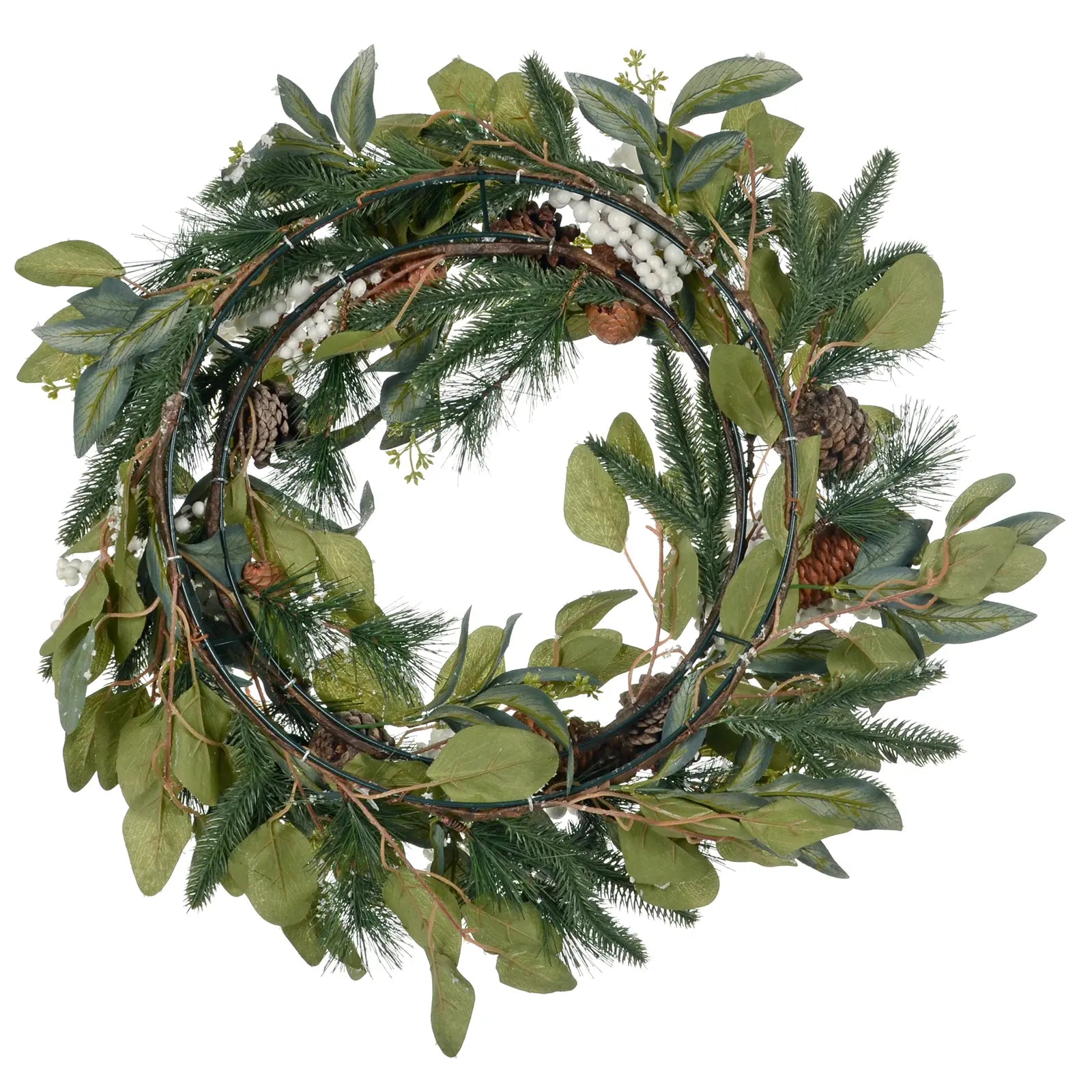 back view of christmas wreath featuring durable double wire metal frame with green coating