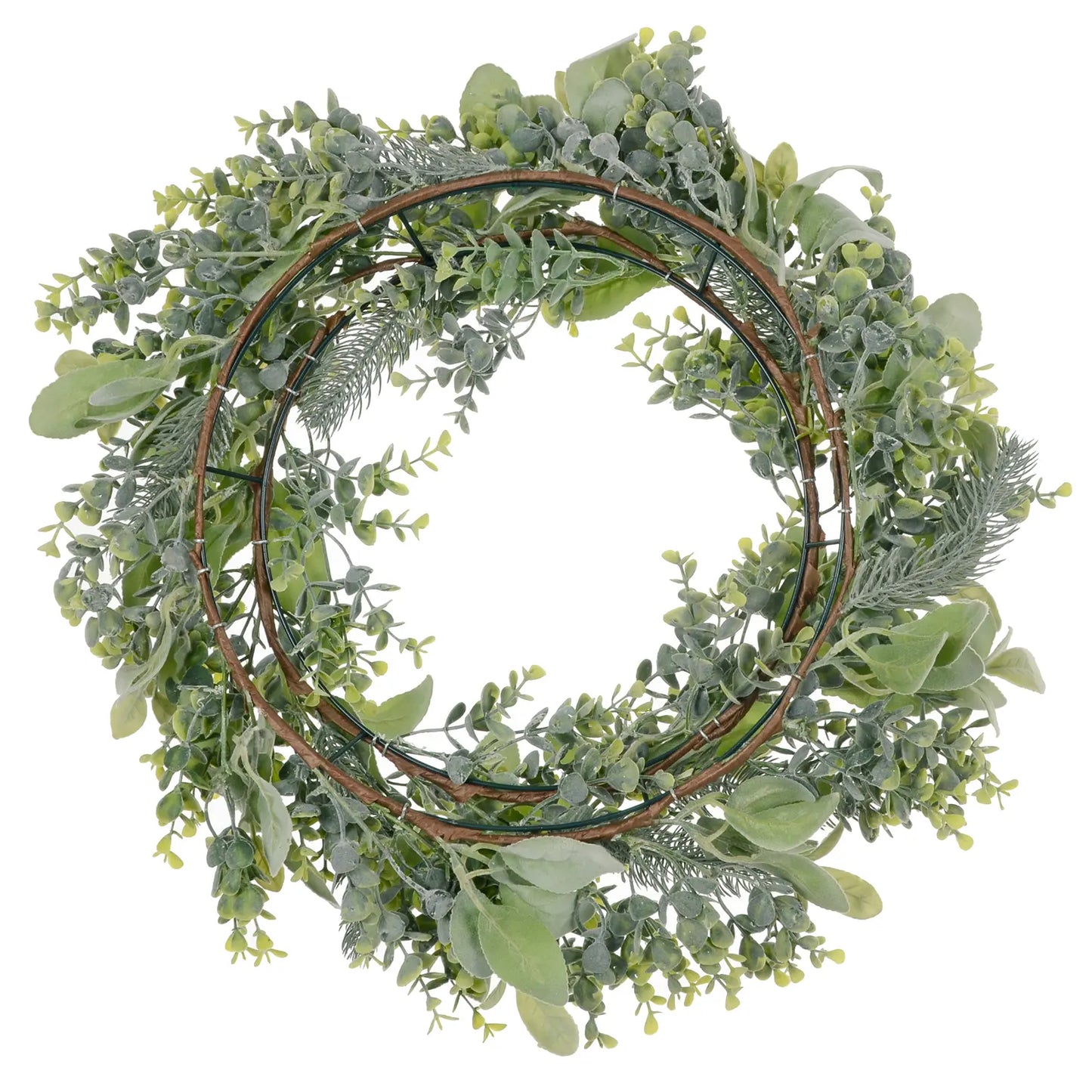 back view of christmas wreath featuring green coated double wire hanging frame with brown fire for additional support