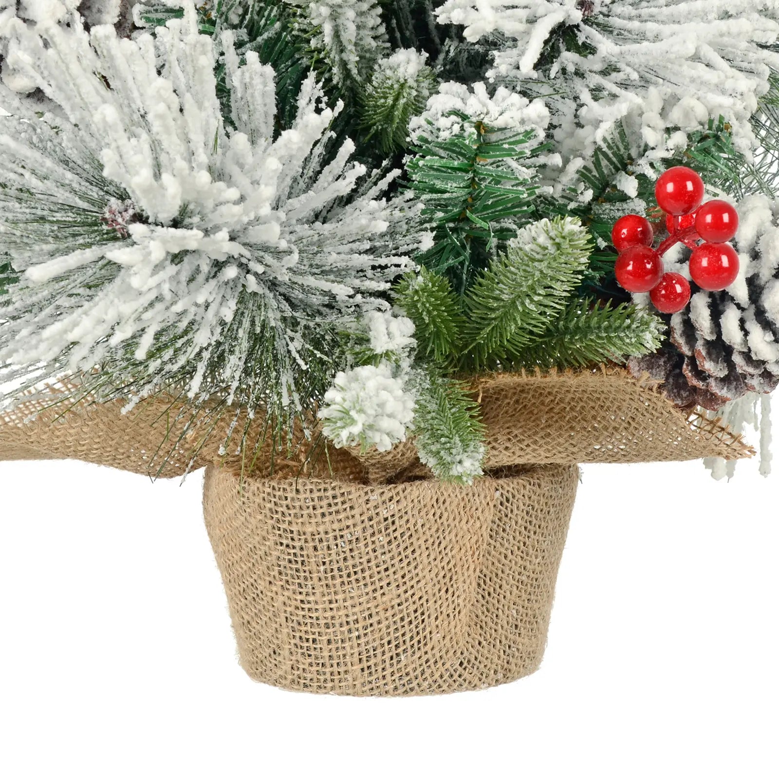 Mr Crimbo 60cm Mini Flocked Christmas Tree Pine Cone Berries Hessian