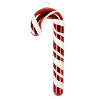 red and white glossy and glittery candy cane decoration featuring silver wire hanging loop