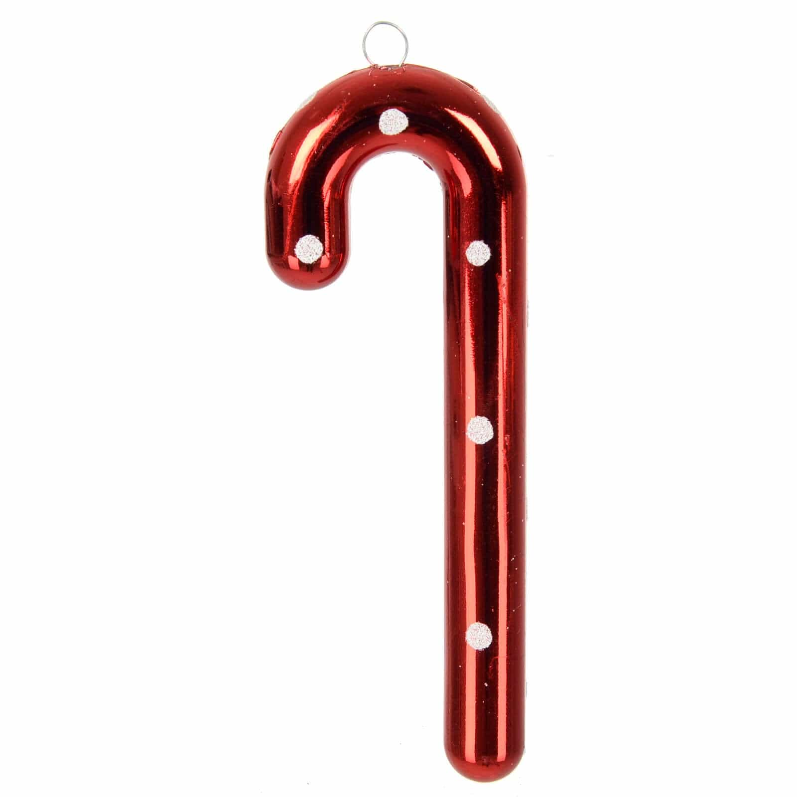 red glossy candy cane shaped decoration feature glitter polka dot pattern and silver wire hanging loop