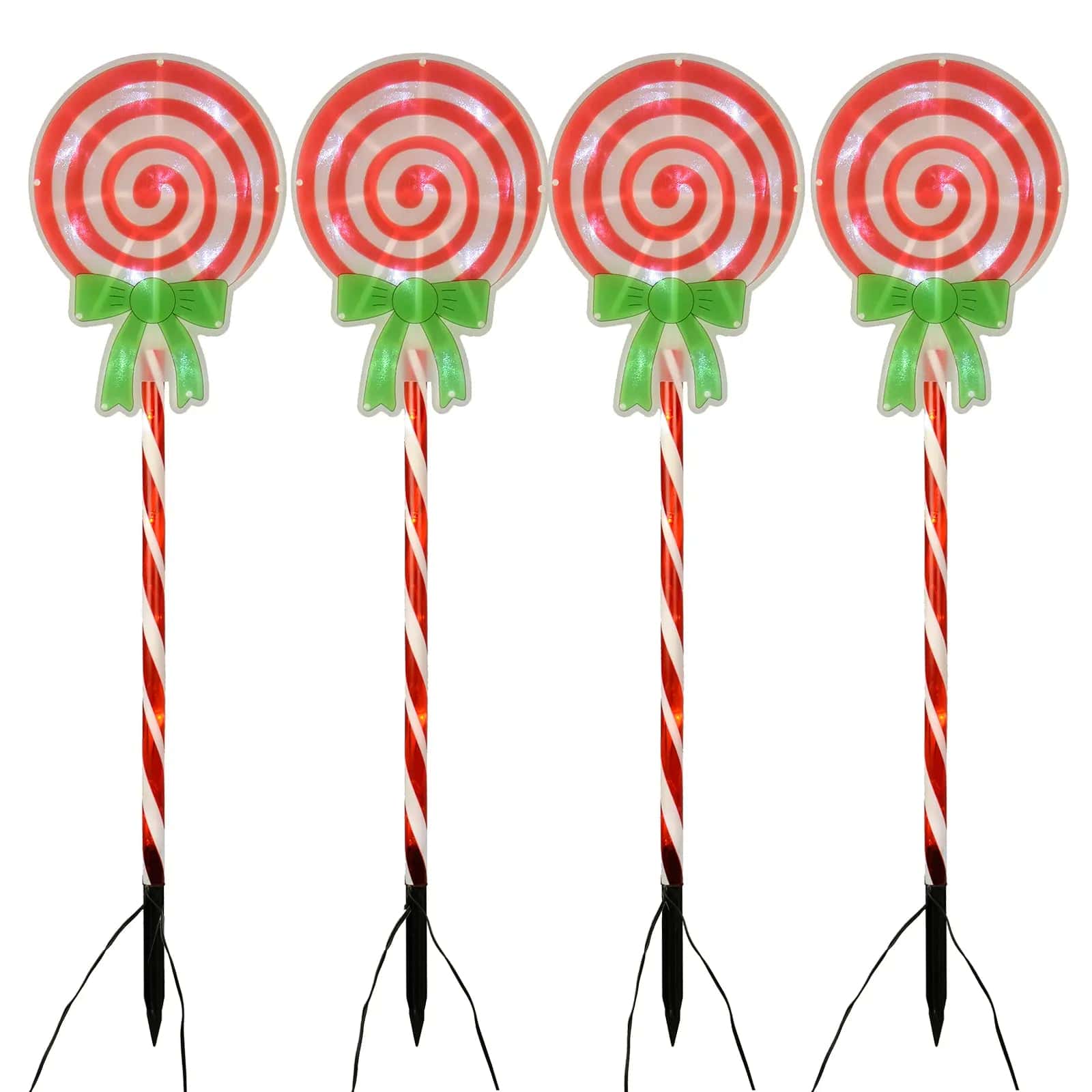 set of 4 lollipop swirl christmas pathway stake lights featuring green bow with red and white stripe design