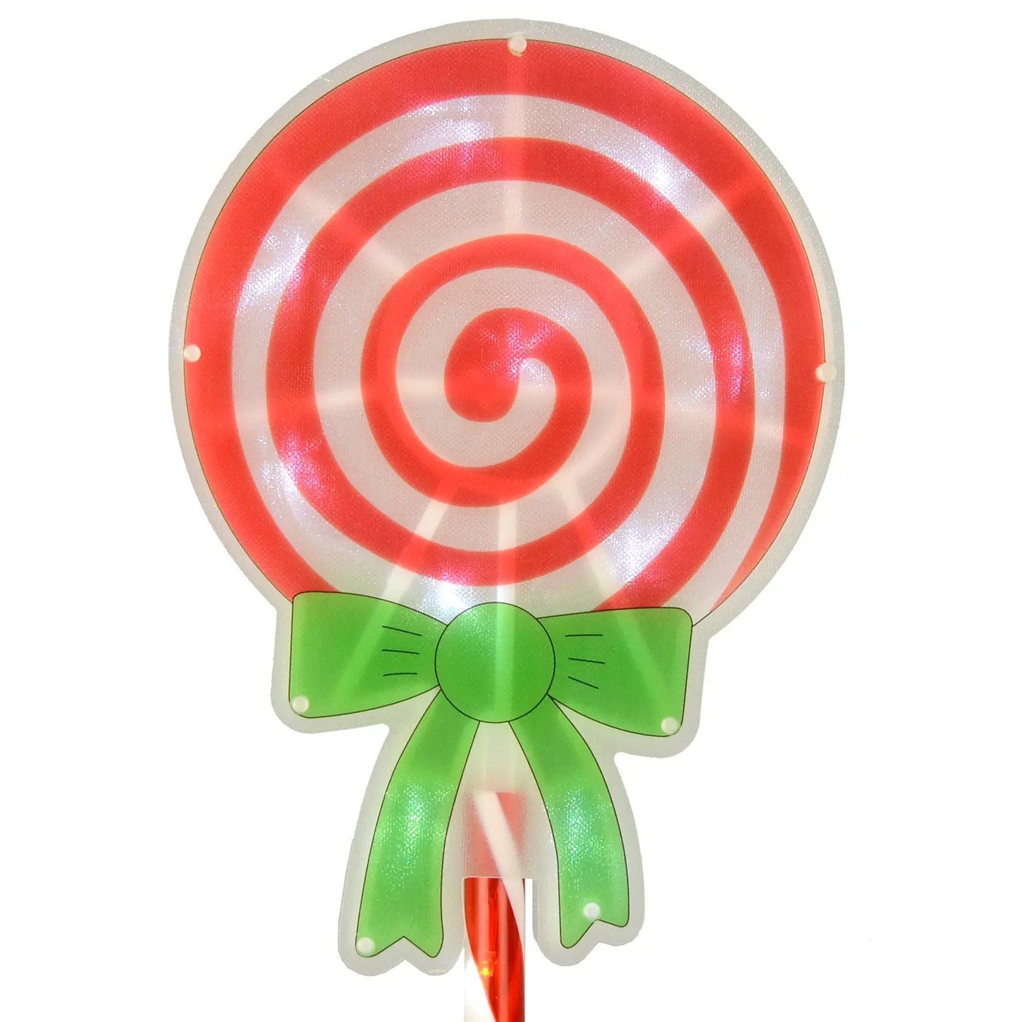 detail shot of red and white swirl design on lollipop pathway light