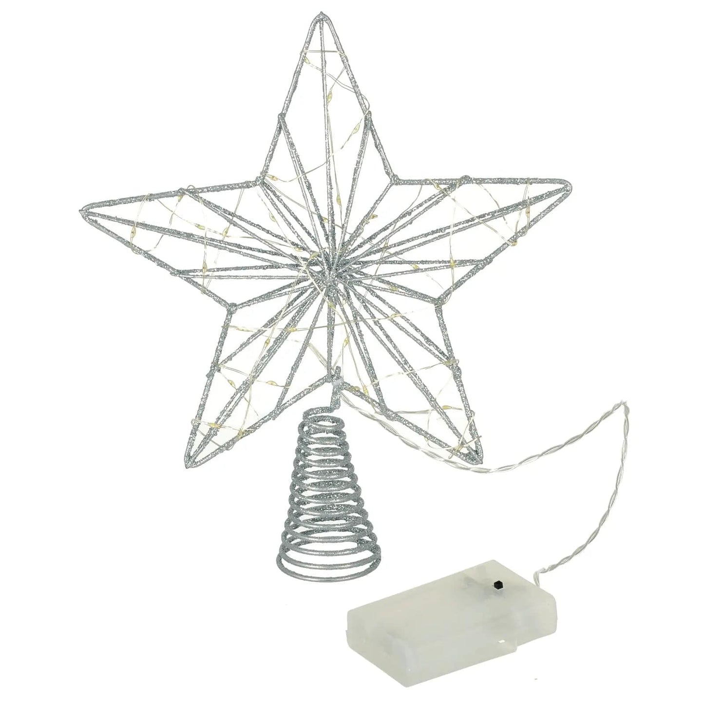 silver glitter christmas tree topper with battery compartment pack on white background