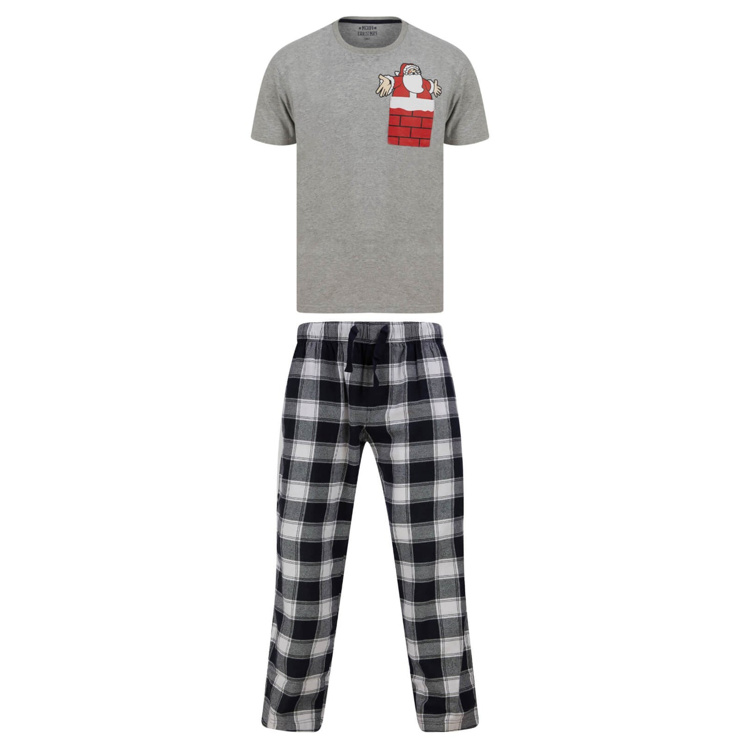Mr Crimbo Mens Christmas Pyjama Set Santa Pocket/Check Bottoms - MrCrimbo.co.uk -SRG1Q17452_F - Grey/Navy -Black