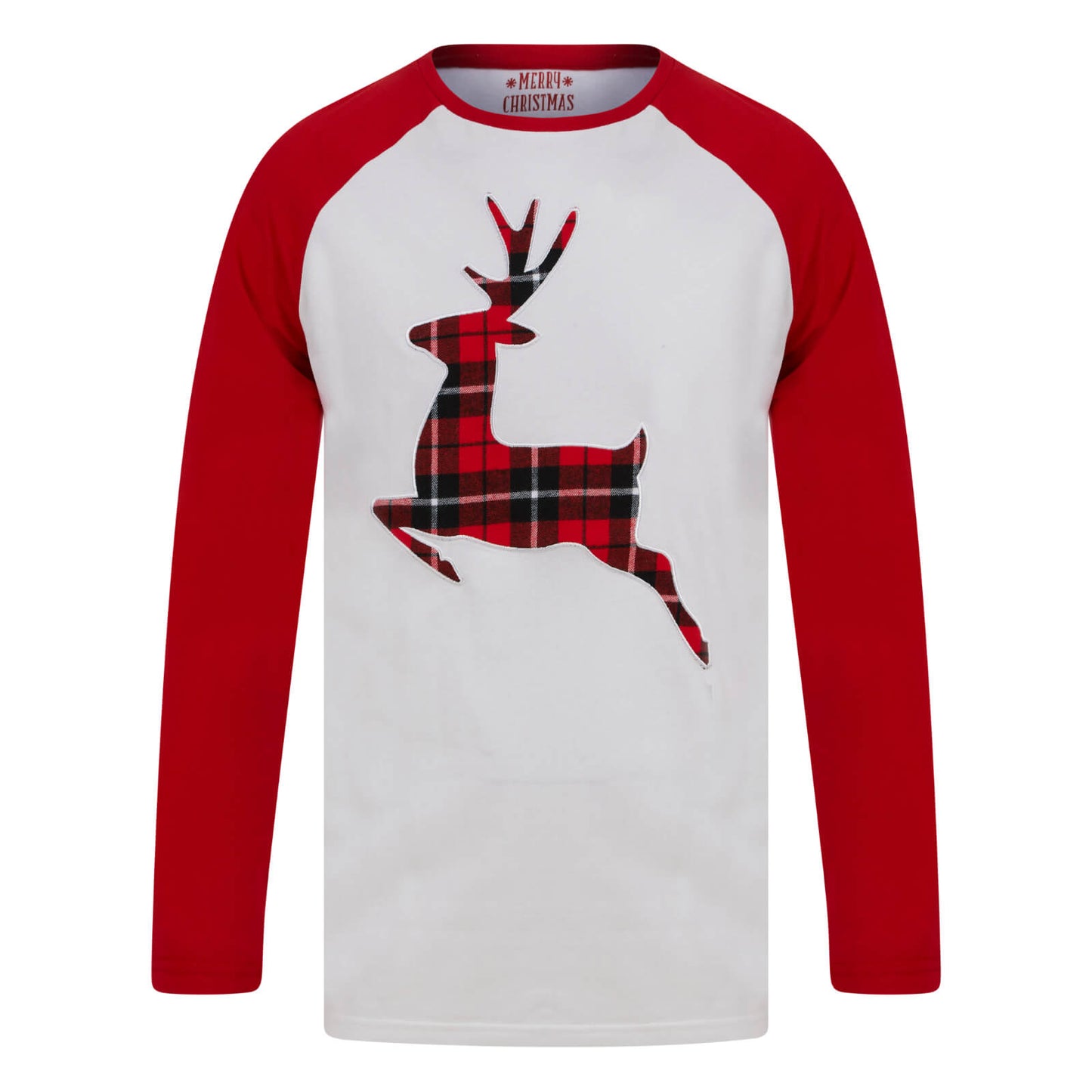 Mr Crimbo Mens Christmas Pyjama Set Reindeer/Stag Check Bottoms - MrCrimbo.co.uk -SRG1Q17454_A - Red/White -Black