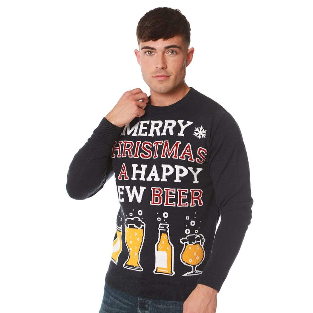 Mr Crimbo Mens Happy New Beer Slogan Knit Christmas Jumper - MrCrimbo.co.uk -SRG1A13460_F - Ink Blue -beer jumper