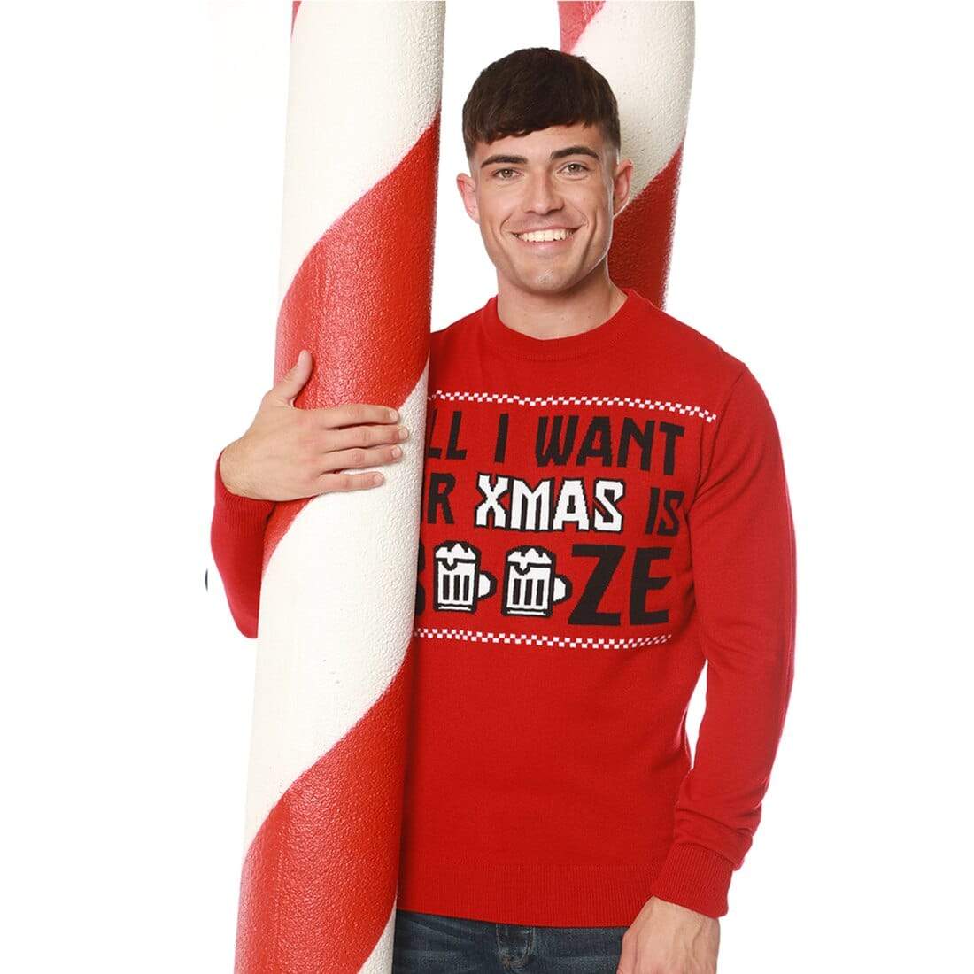 Mr Crimbo Mens All I Want For Xmas Is Booze Christmas Jumper - MrCrimbo.co.uk -SRG1A13462_A - Red -beer jumper