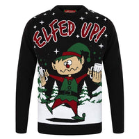 Mr Crimbo Mens Elfed Up Slogan Crew Knit Christmas Jumper - MrCrimbo.co.uk -SRG1A13478_F - Black -drunk jumper