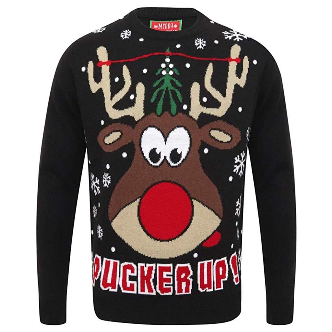 Mr Crimbo Mens Pucker Up Reindeer Knit Christmas Jumper - MrCrimbo.co.uk -SRG1A13480_F - Black -festive jumper