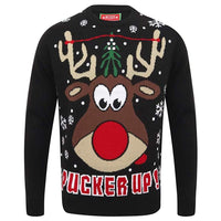 Mr Crimbo Mens Pucker Up Reindeer Knit Christmas Jumper - MrCrimbo.co.uk -SRG1A13480_F - Black -festive jumper