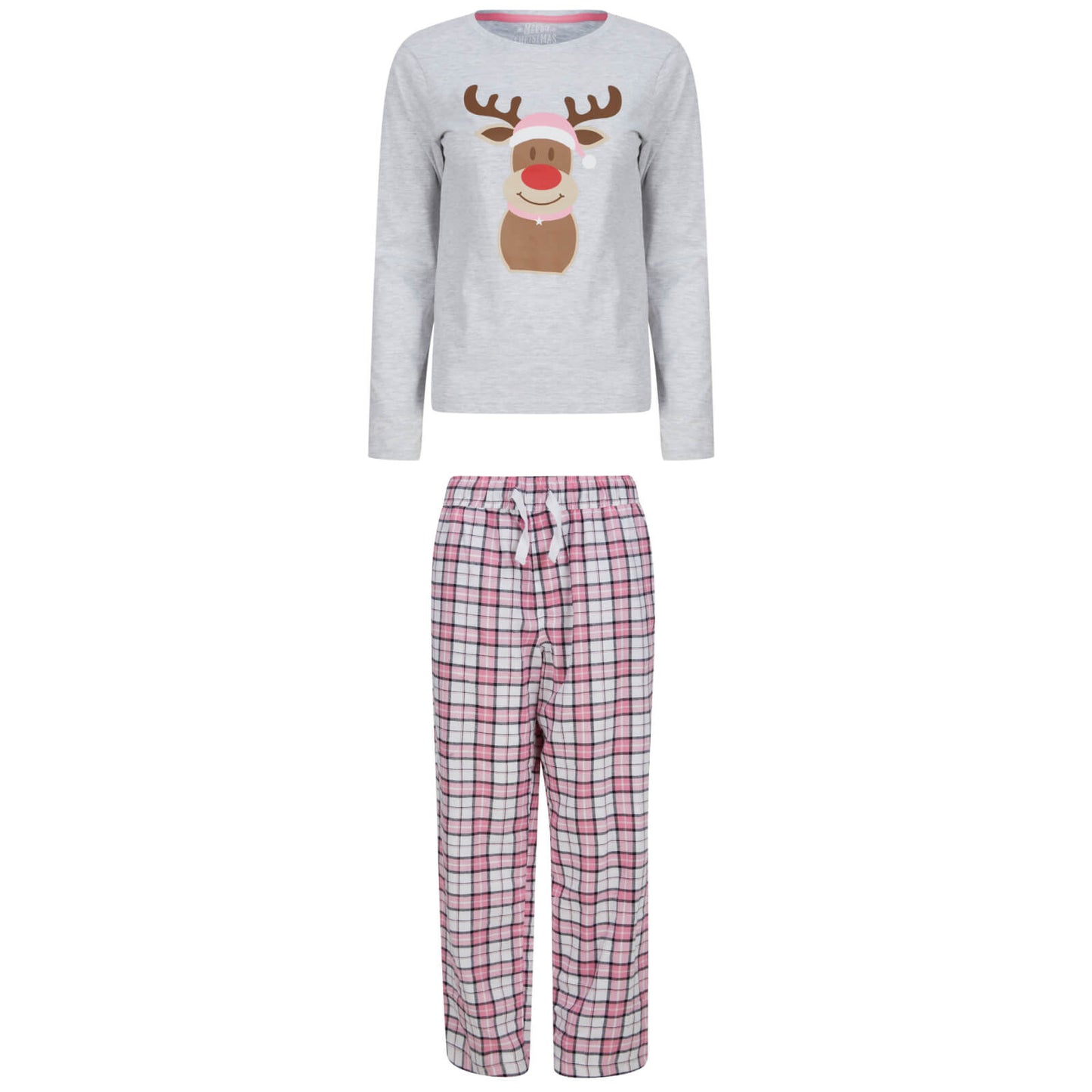 Mr Crimbo Womens Christmas Pyjama Set Rudolph Print/Check Bottoms - MrCrimbo.co.uk -SRG3Q17469_E - Grey/Pink -L