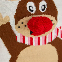 Mr Crimbo Kids Waving Reindeer Pom Pom Nose Christmas Jumper - MrCrimbo.co.uk -SRG4A190271_A - Gardenia -11-13 years