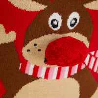 Mr Crimbo Kids Waving Reindeer Pom Pom Nose Christmas Jumper - MrCrimbo.co.uk -SRG4A190271_F - Red -11-13 years