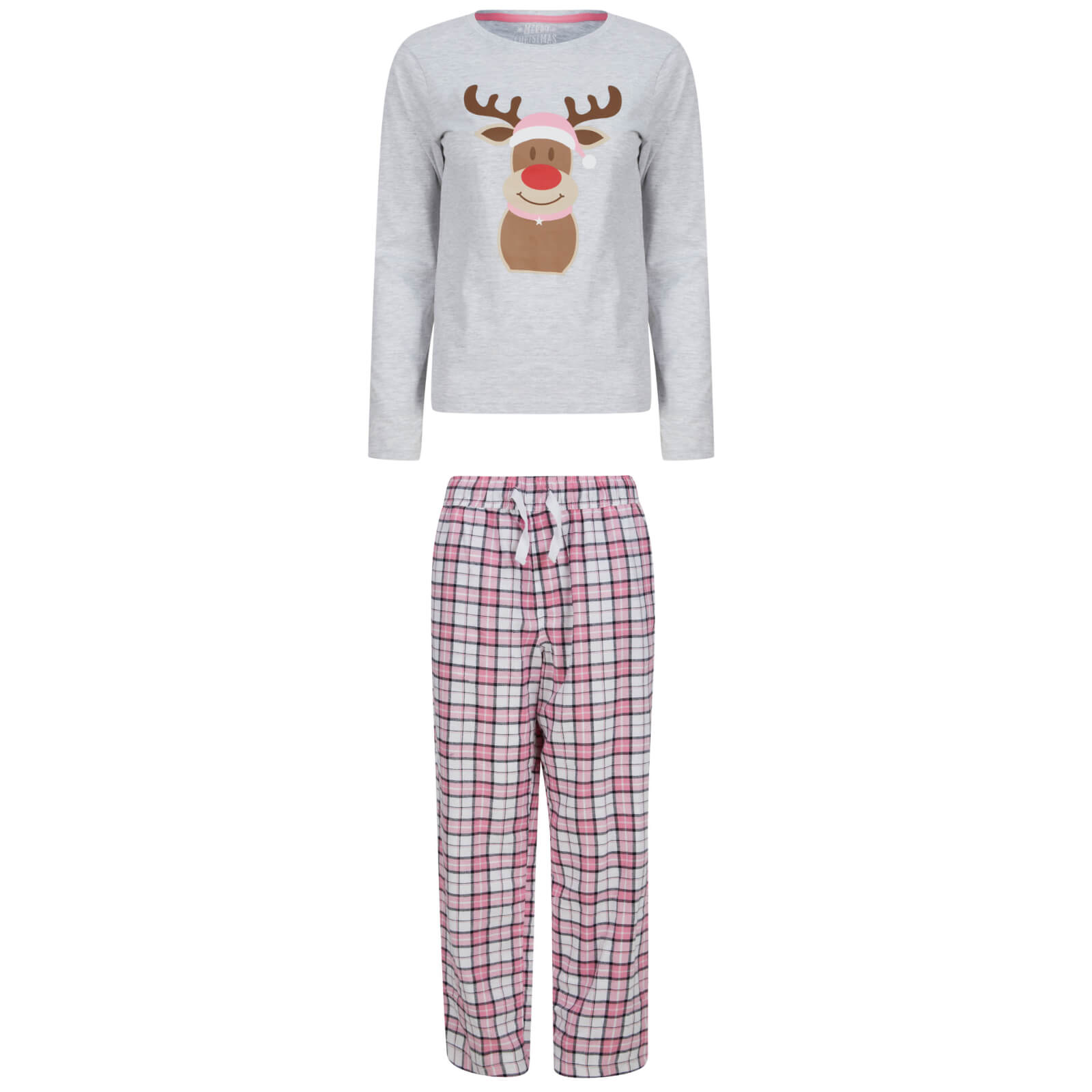 Mr Crimbo Kids Christmas Pyjama Set Rudolph Top Pink Red - MrCrimbo.co.uk -SRG4Q17466_F - Grey/Pink -11-13