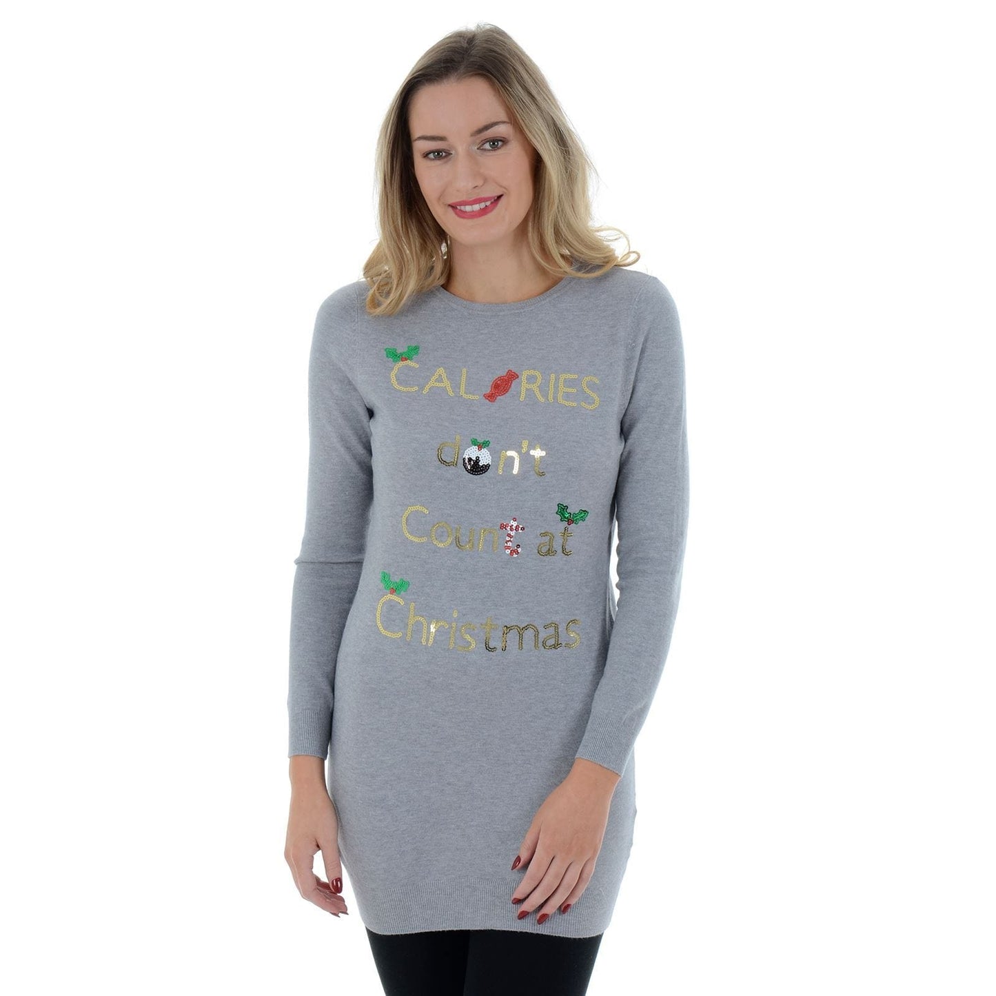 Mr Crimbo Ladies Longline Calories Sparkly Christmas Jumper - MrCrimbo.co.uk -VISILW186_K - Grey -festive knit