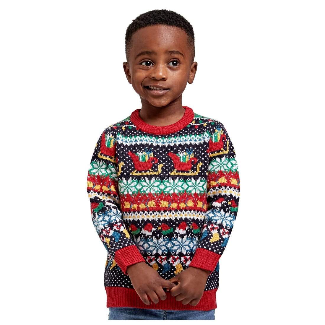 Mr Crimbo Kids Multi Colour Pattern Knit Christmas Jumper - MrCrimbo.co.uk -VISMW06555MUL_A - 3-4 -family xmas jumpers